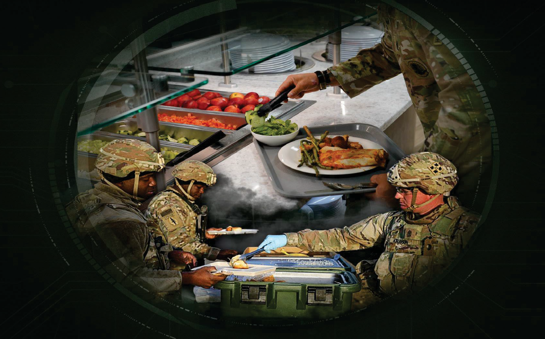 Soldiers getting served in a facility and in the field.